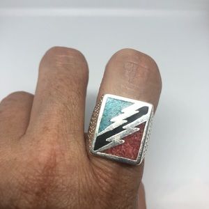 Vintage Stone Inlay Lightning Bolt Men’s Ring